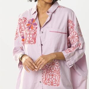 Mandvi Women’s Oversized Floral Embroidered Organic Cotton Button Down Shirt M/L